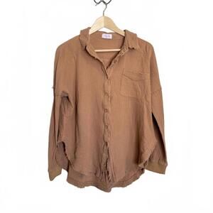 Pink Lily Womens Shirt Sm Tan Long Sleeves Button Up Raw Seams Pocket Cotton EUC